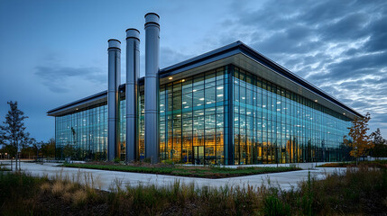 Wall Mural - Modern glass building with industrial chimneys at dusk.