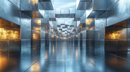 A corridor lined with shiny metallic cubes reflects light, creating a surreal, futuristic ambiance. The warm glow enhances the overall visual effect, inviting exploration.