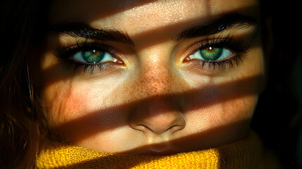 Poster - Close-up of a woman's face with striking green eyes and shadows.