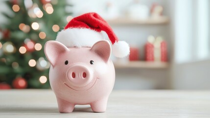 A cheerful piggy bank wearing a Santa hat, set against a festive background with a Christmas tree and holiday decorations.