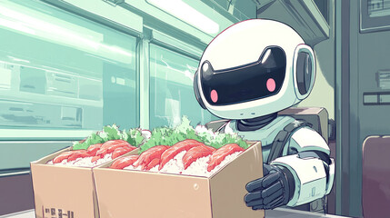 A robot is holding a box of food. The robot is white and has a cartoonish appearance. The food in the box is a variety of sushi, including carrots and other vegetables. The scene is set on a train