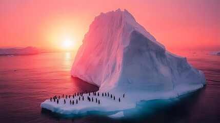 Poster - Penguins gather on an iceberg at sunset, showcasing nature's beauty.