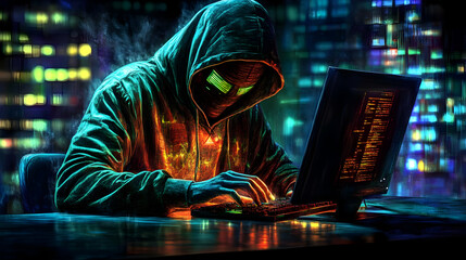 Canvas Print - A hooded figure typing on a computer in a neon-lit environment.