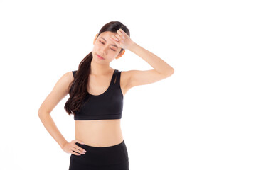 Young asian woman wipe sweat after workout isolated white background, woman tired after exercise with expression and emotion, exhausted after sport, motivation and energy with strength.