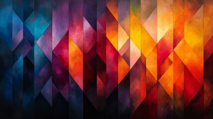 Poster - This artwork showcases a vivid array of colors, including blue, purple, orange, and red, arranged in dynamic, angular patterns that create a captivating visual experience.