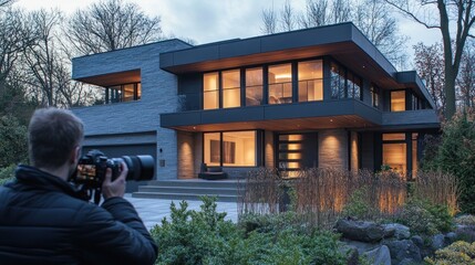 A photographer takes a picture of a modern home with large windows and a grey stone exterior.