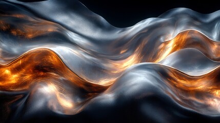 Leinwandbilder - A mesmerizing display of metallic waves undulating, featuring vibrant orange highlights that create a striking contrast against the dark backdrop, suggesting fluidity and movement.