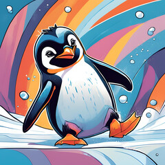 An energetic penguin gliding across icy terrain, depicted in a vibrant, abstract art style with bold, playful colors