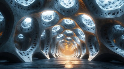 Fototapete - The setting features a vast, open area dominated by unique, organic structures. Soft, warm light filters through circular openings, enhancing the dreamlike quality of the scene.