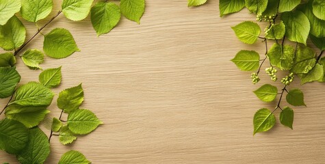 Wall Mural - A serene arrangement of green leaves on a wooden surface, ideal for nature-themed designs.