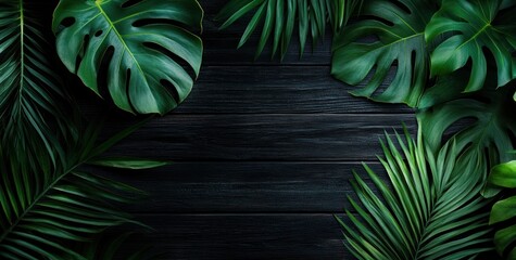 Wall Mural - A lush arrangement of tropical leaves on a dark wooden background.