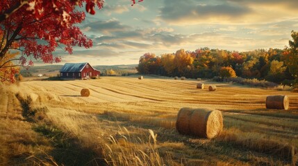 Wall Mural - Autumnal Farm Landscape with Hay Bales