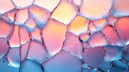 Aufkleber - Intricate layers of colorful ice form complex patterns, illuminated by soft hues of pink and blue, creating a captivating abstract display in a chilly setting.