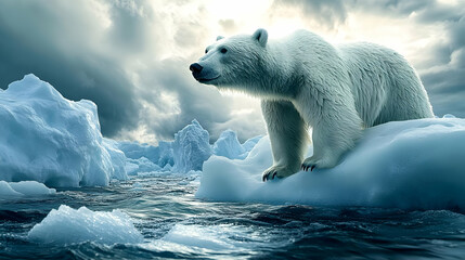 Sticker - A polar bear stands on ice in a dramatic Arctic landscape.