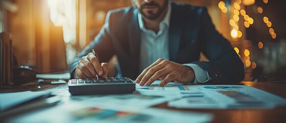 Aufkleber - A businessman working on financial reports, using a calculator and a pen.
