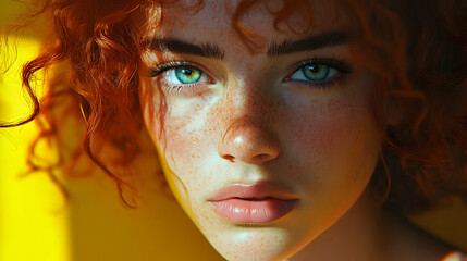 Wall Mural - Close-up portrait of a young person with curly red hair and freckles.