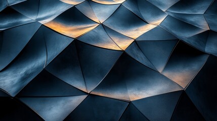 Leinwandbilder - A detailed view of an artistic architectural surface showcases textured panels reflecting warm light, creating a captivating visual experience. The design emphasizes geometric shapes and shadows.