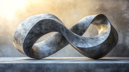 Poster - The infinity sculpture, crafted from sleek metal, twists elegantly atop a textured surface. Warm light casts gentle shadows, enhancing its contemporary design in a minimalist setting.