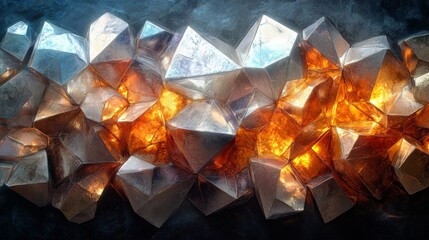 Poster - Intricate metallic crystals are arranged strategically, reflecting light and interspersed with vibrant glowing embers, creating a striking contrast against a dark backdrop.
