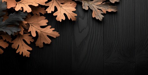 Wall Mural - A flat lay of autumn leaves on a dark wooden surface, evoking a seasonal aesthetic.