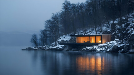 Wall Mural - Serene lakeside cabin illuminated at dusk amidst snowy landscape.