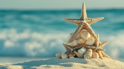 Canvas Print - Starfish and seashell Christmas tree nestled in white sand, with a turquoise ocean backdrop creating a serene holiday vibe.