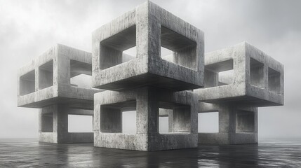 Fototapete - Four modern concrete forms with square cutouts are symmetrically placed on a smooth, reflective surface, surrounded by a misty atmosphere.