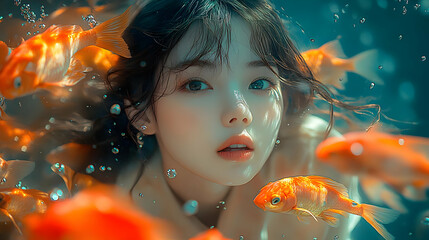 Wall Mural - A serene underwater scene featuring a young woman and goldfish.