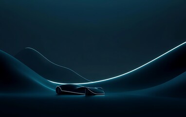 Poster - A sleek, futuristic vehicle illuminated by soft blue light amidst smooth, curving landscapes, creating a serene and captivating atmosphere.