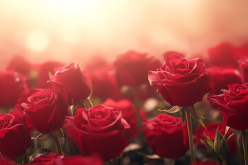 A field of red roses with the sun shining on them