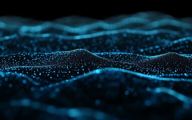 Poster - A mesmerizing digital landscape featuring illuminated waves of particles in varying shades of blue, embodying a futuristic and abstract aesthetic.