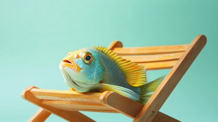 Poster - A colorful fish lounging on a wooden deck chair against a pastel background.