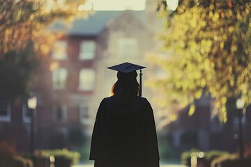 A graduate in cap and gown stands with their back to the camera, facing a blurred building that resembles an educational institution. with generative ai