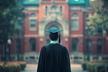 A graduate in cap and gown stands with their back to the camera, facing a blurred building that resembles an educational institution. with generative ai