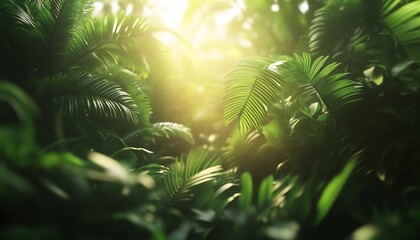 Poster - Lush greenery and vibrant foliage illuminated by soft sunlight, creating a tranquil atmosphere in nature.