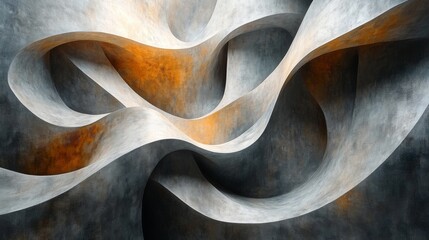 Poster - A dynamic interplay of grey and orange curves forms an abstract design, creating a striking visual effect in a contemporary architectural setting.