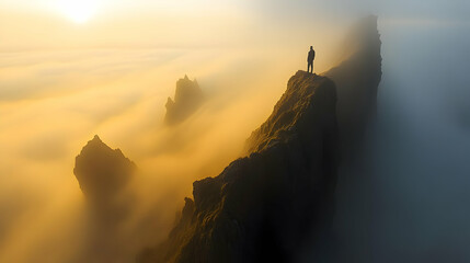 Wall Mural - A lone figure stands on a rocky cliff above a sea of fog.