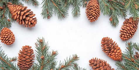 Wall Mural - A decorative arrangement of pine cones and evergreen branches on a white background.