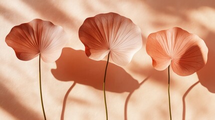 Poster - Three delicate, pastel-colored leaves casting shadows on a soft background.