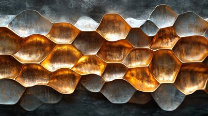 Poster - A striking close-up of hexagonal metallic panels showcases a blend of gold and silver hues. Warm lighting enhances the design's intricate details, creating a modern aesthetic.