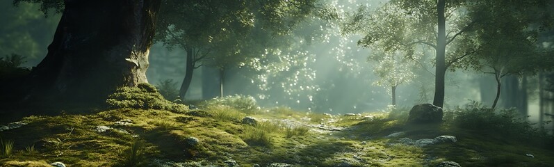 Aufkleber - A serene forest scene bathed in sunlight, showcasing lush greenery and a tranquil atmosphere.