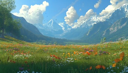 Aufkleber - A vibrant landscape showcasing colorful flowers in a lush meadow against majestic mountains and a bright blue sky.