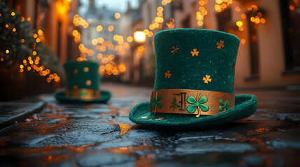 Sticker - Two green hats with shamrocks on a cobblestone street, festive lights.