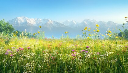 Poster - A vibrant meadow filled with diverse wildflowers, set against a backdrop of majestic mountains under a clear blue sky.