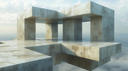 Fototapete - An unconventional architectural design features a floating concrete structure amid clouds, showcasing sharp angles and a vast sky. The surreal environment offers a dreamy perspective.