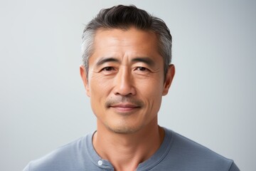 Wall Mural - Asian man in a blue t-shirt on a gray background.