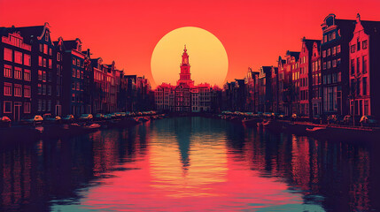 Poster - Vibrant sunset over Amsterdam's canals and historic buildings.