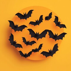 Wall Mural - Black bats flying against a bright orange circle background.