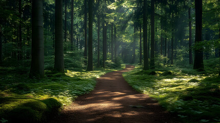 Sticker - Serene forest path illuminated by soft sunlight through trees.