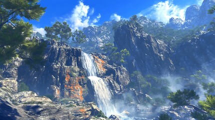 Poster - A stunning waterfall cascades down rocky cliffs surrounded by lush greenery and a clear blue sky, creating a serene natural landscape.